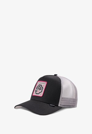 Black and gray mesh trucker cap featuring a pink-bordered patch with abstract black and pink designs on the front panel.