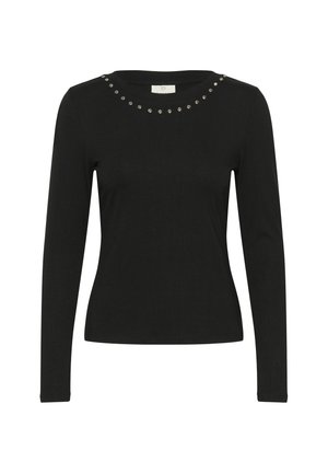 Zwarte lange mouwen t-shirt met een ronde halslijn, versierd met decoratieve zilveren studs rond de kraag. Gemaakt van zachte, rekbare stof.