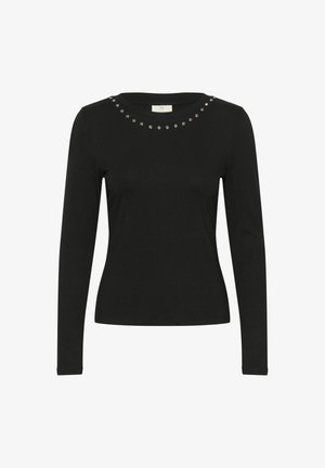 Black long-sleeve t-shirt with a round neckline featuring decorative silver studs around the collar. Made from soft, stretchy fabric.