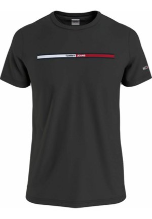 Czarna bawełniana koszulka z krótkim rękawem, z poziomym wzorem w kolorach czerwonym, białym i niebieskim, który zawiera napis "TOMMY JEANS".