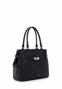 Black leather handbag with textured surface, dual top handles, silver hardware accent, and a structured design. Features a sleek, minimalist look.