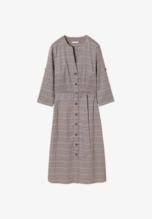 Smeđi i bež karirani haljina s kragnom, dugmadima sprijeda, suženim strukom i rukavima do 3/4. Sadrži pojas od istog materijala i bočne džepove.