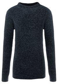 Tmavě modrý pletený svetr s kulatým výstřihem, dlouhými rukávy a texturovaným povrchem. Žebrované manžety a lem, volný střih.