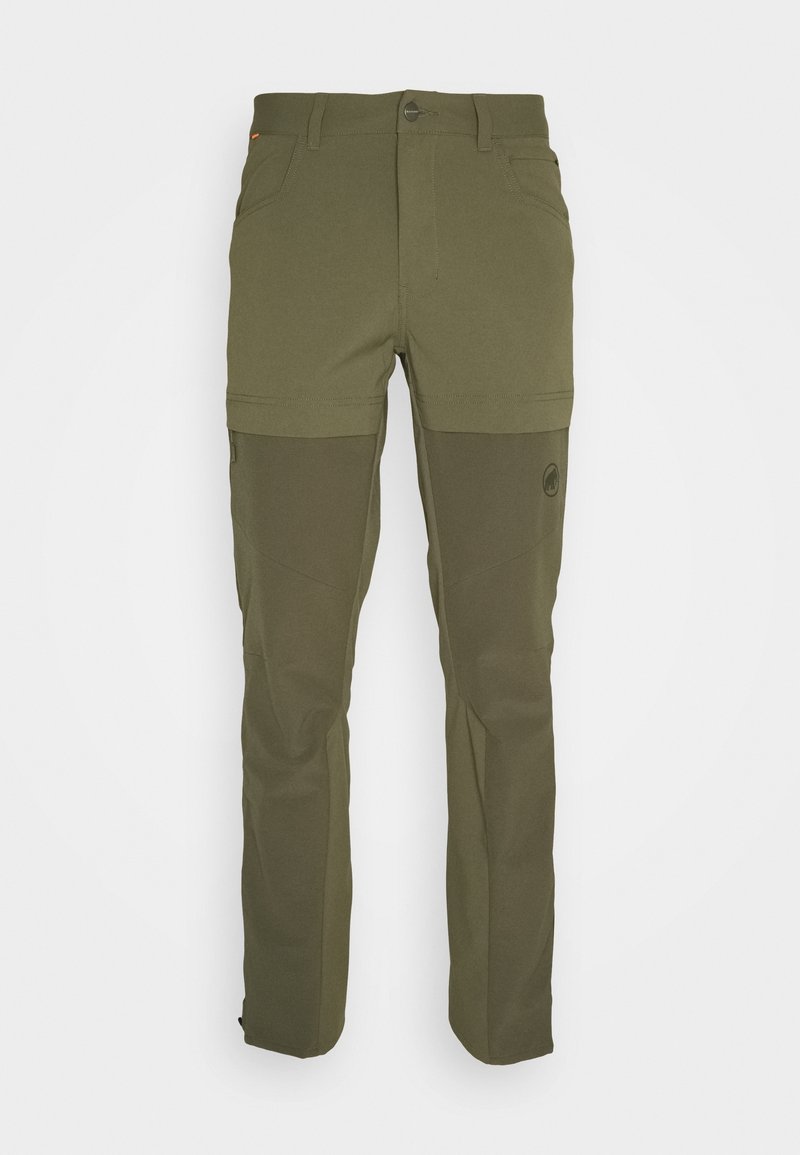 Olivgrüne Outdoor-Hose zum Wenden mit abnehmbaren Beinen, Vordertaschen, Gürtelschlaufen und verstärkten Knieeinsätzen.