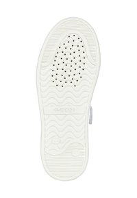 Suela de zapatilla de goma blanca con patrón de olas y agujeros de ventilación. Presenta el logotipo "GEOX" en relieve y bordes estriados distintivos para mayor tracción.