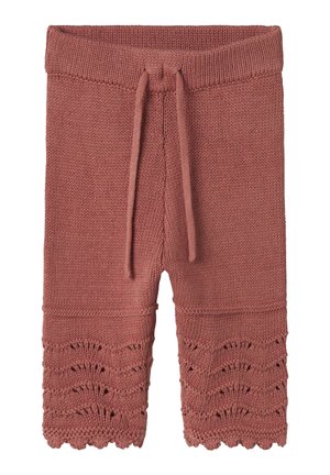 Roze gebreide shorts met een koord in de taille, voorzien van een geschulpte zoom en een ingewikkeld kantpatroon aan de onderkant. Zachte textuur, lichtgewicht materiaal.