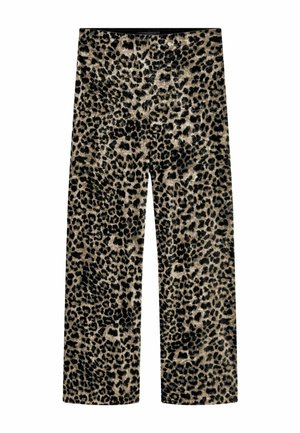 Kalhoty s širokými nohavicemi v leopardím vzoru vyrobené z jemného sametu, s béžovým podkladem a černými skvrnami. Elastický pas pro pohodlí a snadné nošení.