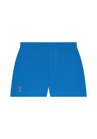 Short de sport bleu vif avec taille élastique et petit logo réfléchissant sur la jambe gauche sur fond blanc.