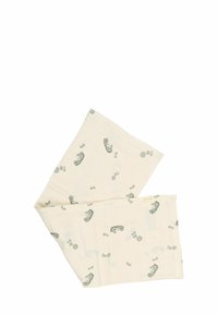 Bomuldsscarf med en cremet baggrund, prydet med et gentaget mønster af søheste og bobler i lyseblå og grønne nuancer.