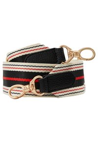 Tracolla a righe con colori rosso, nero e crema, con estremità in pelle nera e ganci in metallo color oro. Texture intrecciata.