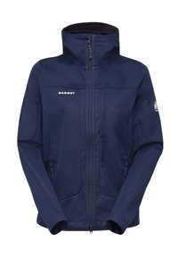 Veste softshell Mammut bleu marine avec fermeture éclair à l'avant, col montant, manches longues et logo sur la poitrine et le bras gauche.