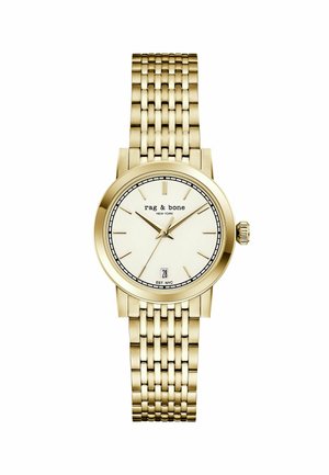 Guldtonet Rag & Bone armbåndsur med ledet armbånd, hvid urskive, minimalistiske timemarkeringer, tre visere og datovindue ved kl. 6.