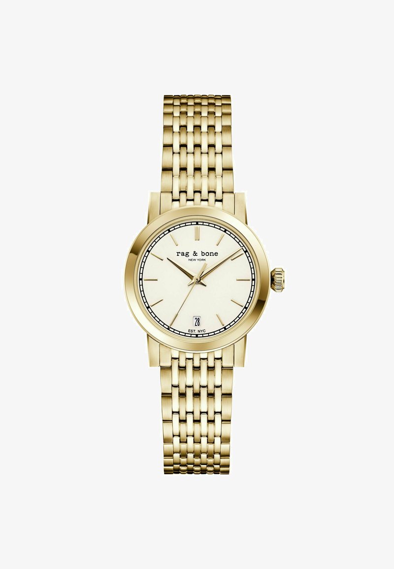 Ceas de mână Rag & Bone cu ton auriu, brățară cu zale, cadran alb, marcaje orare minimaliste, trei ace și fereastră pentru dată la ora 6.