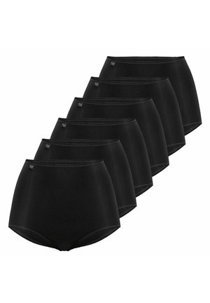 Six black high-waist women’s underwear briefs neatly stacked, each with a small brand tag on the waistband.