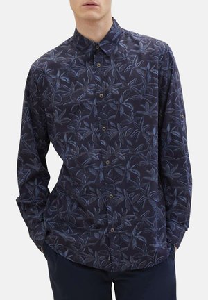 Navy button-up shirt featuring a blue leaf pattern, made from a lightweight fabric with a soft texture and slim fit design.