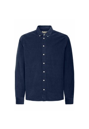 Camisa de pana navy de botones con cuello, que presenta una fila de botones blancos en el frente y mangas largas con puños abotonados.