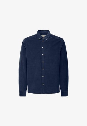 Marineblauwe corduroy overhem shirt met een kraag, voorzien van een rij witte knopen aan de voorkant en lange mouwen met knoopmanchetten.