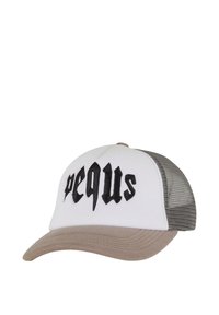 White cap with black embroidered "pequs" text, gray mesh back, and beige brim. Structured design with a curved visor.