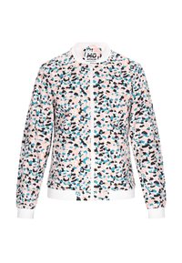Giacca bomber con zip in tessuto leggero, caratterizzata da una base rosa con un motivo astratto multicolore in nero, blu e lavanda. Polsini bianchi.
