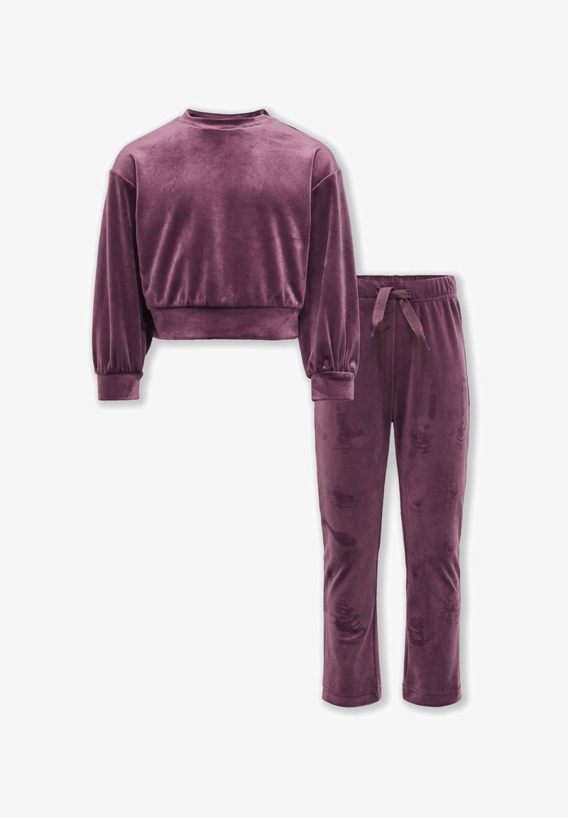 Ensemble de détente deux pièces en velours violet avec sweat court à manches longues et pantalon taille élastique avec cordon de serrage.