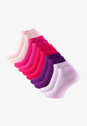 Paket mit Knöchelsocken in einem Verlauf von Rosa bis Lila, hergestellt aus einem glatten, elastischen Material, mit gerippten Bündchen und einfarbigen Farben.