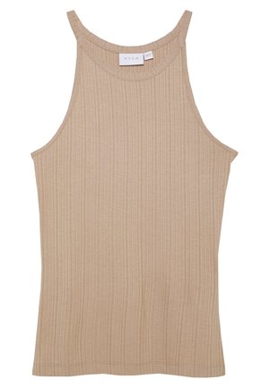 Top de tirantes beige con textura acanalada, escote redondo y tirantes anchos. Textura suave y diseño ajustado, ideal para usar en capas.