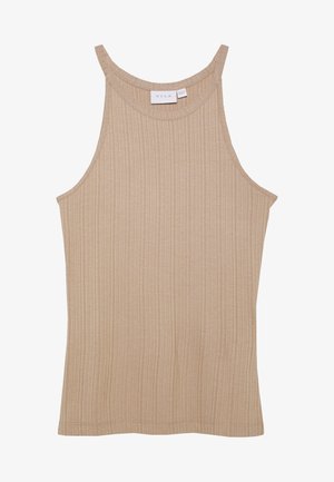 Beige ribbet top med rund halsudskæring og brede skulderstropper. Glat tekstur og tætsiddende design, velegnet til lag-på-lag brug.