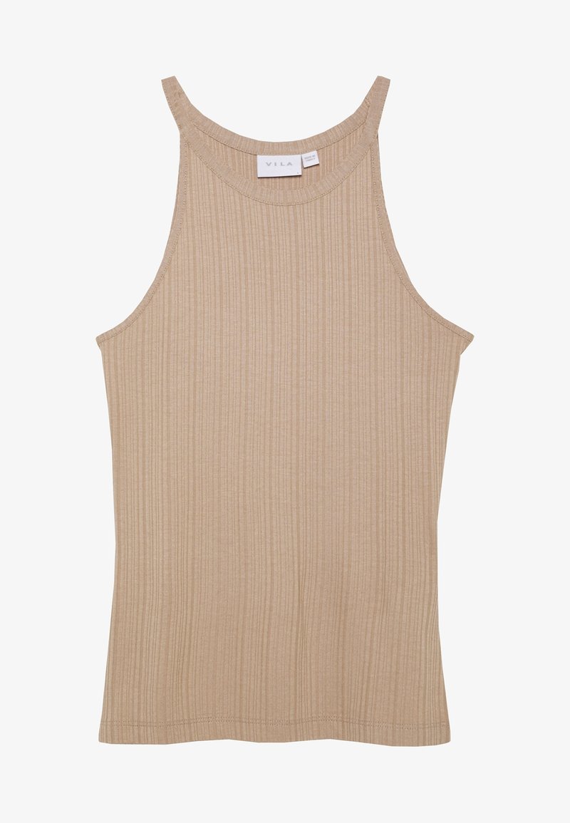 Débardeur côtelé beige avec un col rond et des bretelles larges. Texture lisse et coupe ajustée, idéal pour être superposé.