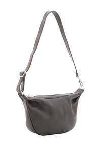 Borsa a spalla in pelle grigio scuro con forma arrotondata, tracolla regolabile e dettagli in cerniera argentata. Texture liscia, design minimalistico.