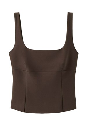 Top marron sans manches, court, avec un large décolleté carré et des coutures ajustées, en tissu texturé.