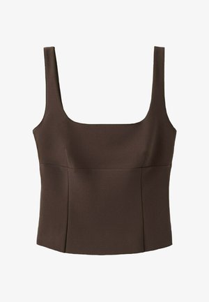 Top maro fără mâneci, scurtat, cu decolteu pătrat larg și cusături strânse, realizat din material texturat.