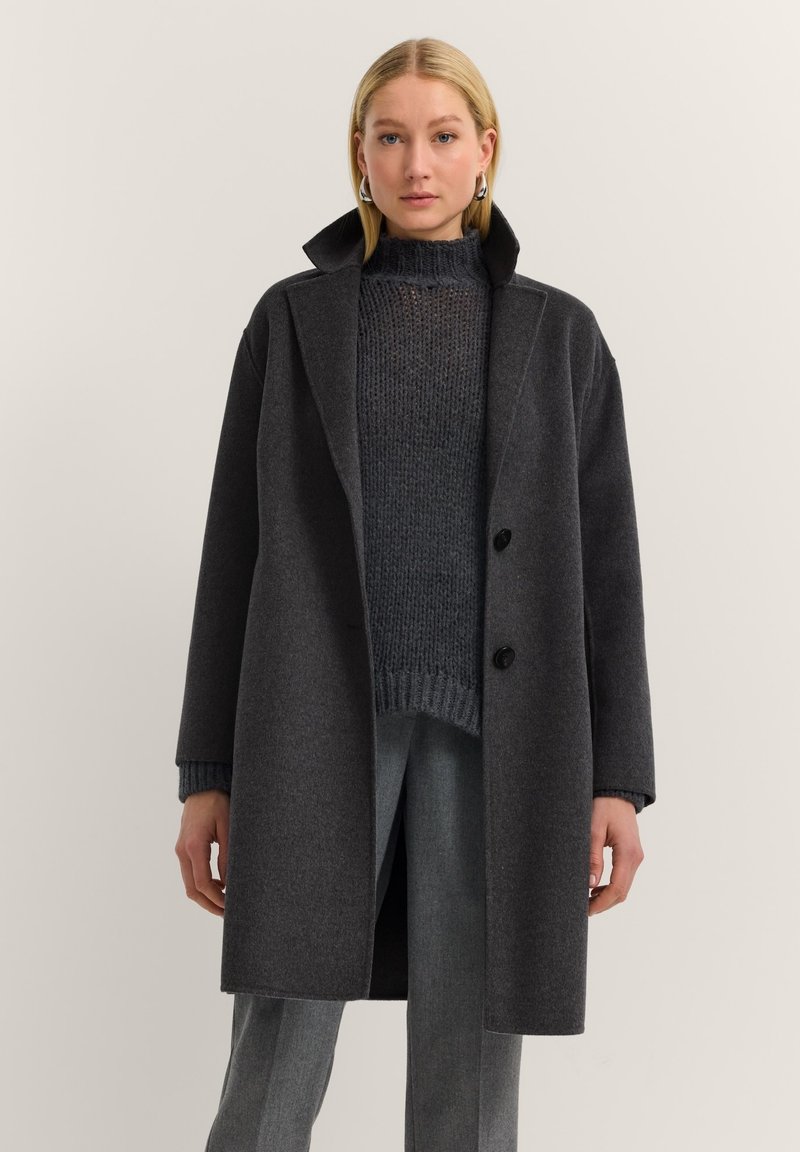 Dunkelgrauer Wollmix-Mantel mit Reverskragen, zwei schwarzen Knöpfen, großen seitlichen Taschen und relaxed Fit über einem strukturierten grauen Pullover.