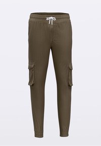 Olivgrüne Jogginghosen mit elastischem Bund und Kordelzug, ausgestattet mit zwei seitlichen Cargo-Taschen und elastischen Bündchen an den Knöcheln.