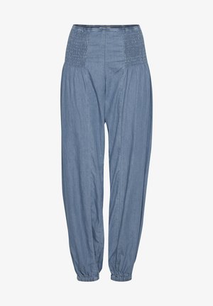 Jasnoniebieskie spodnie chambray z gumką w pasie, elastycznymi mankietami i luźnym krojem. Charakteryzują się miękką teksturą i zwężanym fasonem.