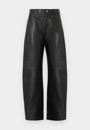 High-waisted black wide-leg leather pants with front button, zipper, and two front pockets, displayed against a white background.