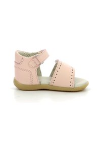 Sandalo per bambino di colore rosa con cinturino alla caviglia, fascia frontale perforata, soletta imbottita e suola in gomma marrone chiaro e flessibile.