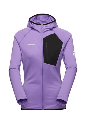 Lavendelkleurig jack met rits en capuchon, zwarte schuin geplaatste borstzak, Mammut-logo op de linkerborst en arm, lange mouwen met duimgaten.