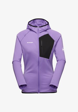 Lavendelkleurig jack met rits en capuchon, zwarte schuin geplaatste borstzak, Mammut-logo op de linkerborst en arm, lange mouwen met duimgaten.