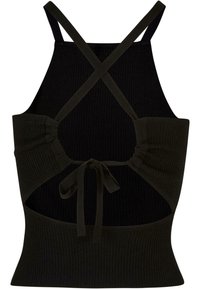 Hedvábný halter top v černé barvě s olivově zelenými akcenty. Obsahuje překřížené ramínka, nařasené strany a detail vázaného pasu.