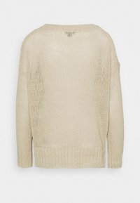 Helles beige gestricktes Sweatshirt mit lockerer Passform, das ein strukturiertes offenes Strickmuster sowie gerippte Bündchen und Saum aufweist. Rückenansicht mit überschnittenen Schultern.