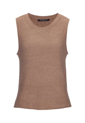 Ärmelloses Stricktop in Hellbraun mit rundem Ausschnitt und geripptem Saum, Marke French Connection, auf weißem Hintergrund abgebildet.