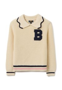 Pull en tricot crème avec un col à vagues bleu marine, une patch en feutre en forme de "B" et un ourlet rayé bleu marine et rose. Tissu texturé avec des poignets côtelés.