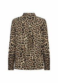 Blůza s leopardím potiskem, dlouhé rukávy, límečkový design, s jemně hnědým a černým vzorem, měkká textura látky, detail na zadním skládání.
