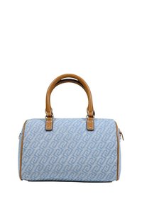 Blauwe handtas met patroon en lichtbruine lederen accenten en handvatten. Voorzien van een ritssluiting en een gestructureerde vorm, ontworpen voor gemakkelijk dragen.