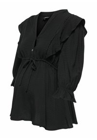 Blouse de maternité noire avec des manches volantes, en tissu texturé, décolleté en V, fermeture à boutons et détail de taille à cordon pour un ajustement réglable.