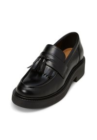 Schwarzer Lederloafer mit Fransenverzierung, runder Spitze und dicker Sohle. Hat eine glatte Oberfläche und tonale Nähte.