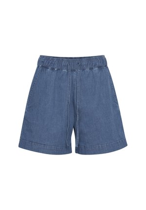 Shorts in denim blu con vita elastica e cordoncino, dotati di tasche laterali e aperture ampie per le gambe.