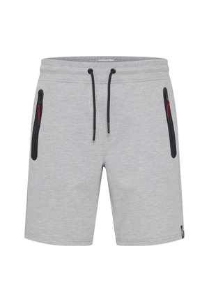 Grey shorts made of soft material, featuring black zippered pockets and black drawstrings. Simple design with a textured finish.