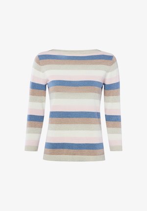 Langärmeliger Strickpullover mit horizontalen Streifen in Beige, Blau, Weiß und Hellrosa, mit rundem Ausschnitt.