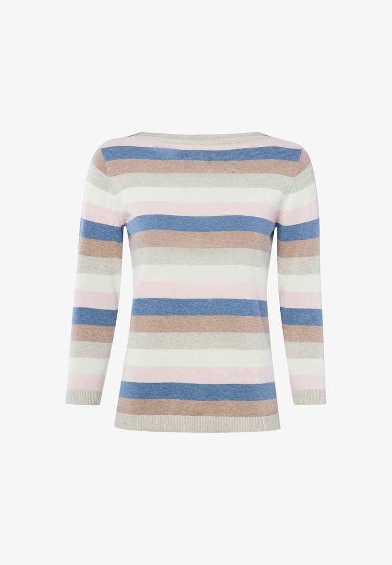 Langarmtrui van gebreide stof met horizontale strepen in beige, blauw, wit en lichtroze, voorzien van een ronde hals.